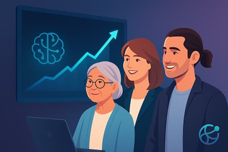 Organisations-KI - Team vor Monitor mit KI-Gehirn und Wachstumskurve